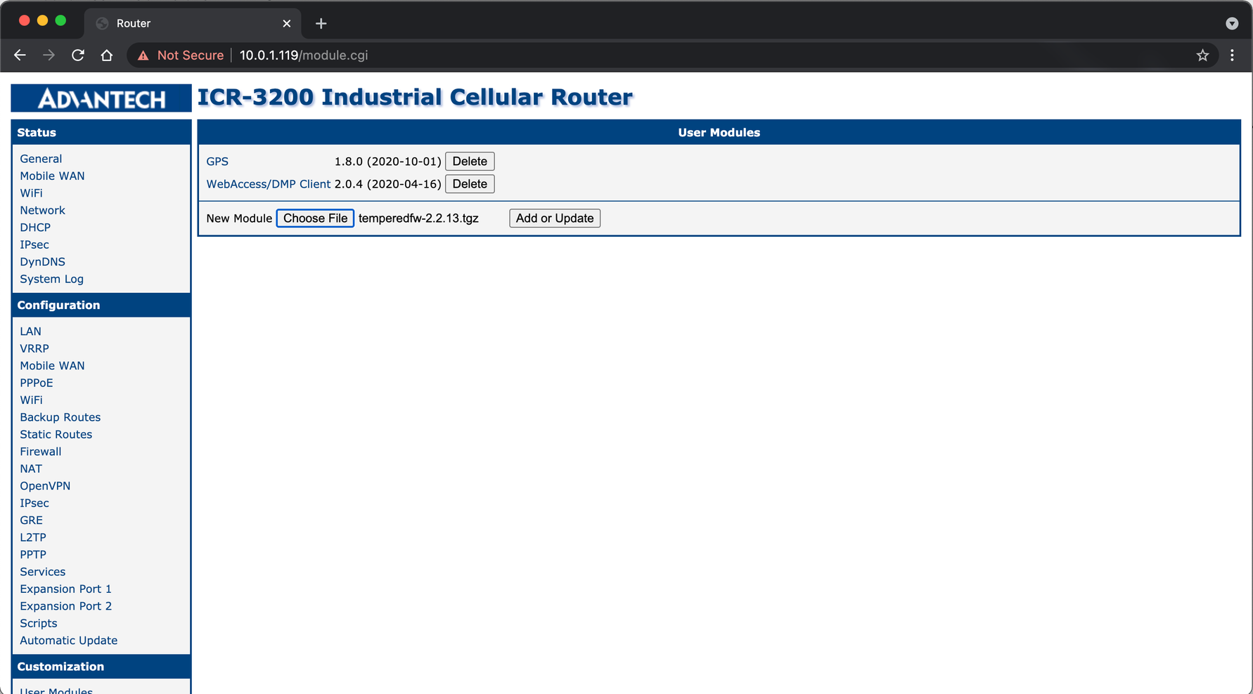 Upload the Tempered Airwall gateway .tgz file