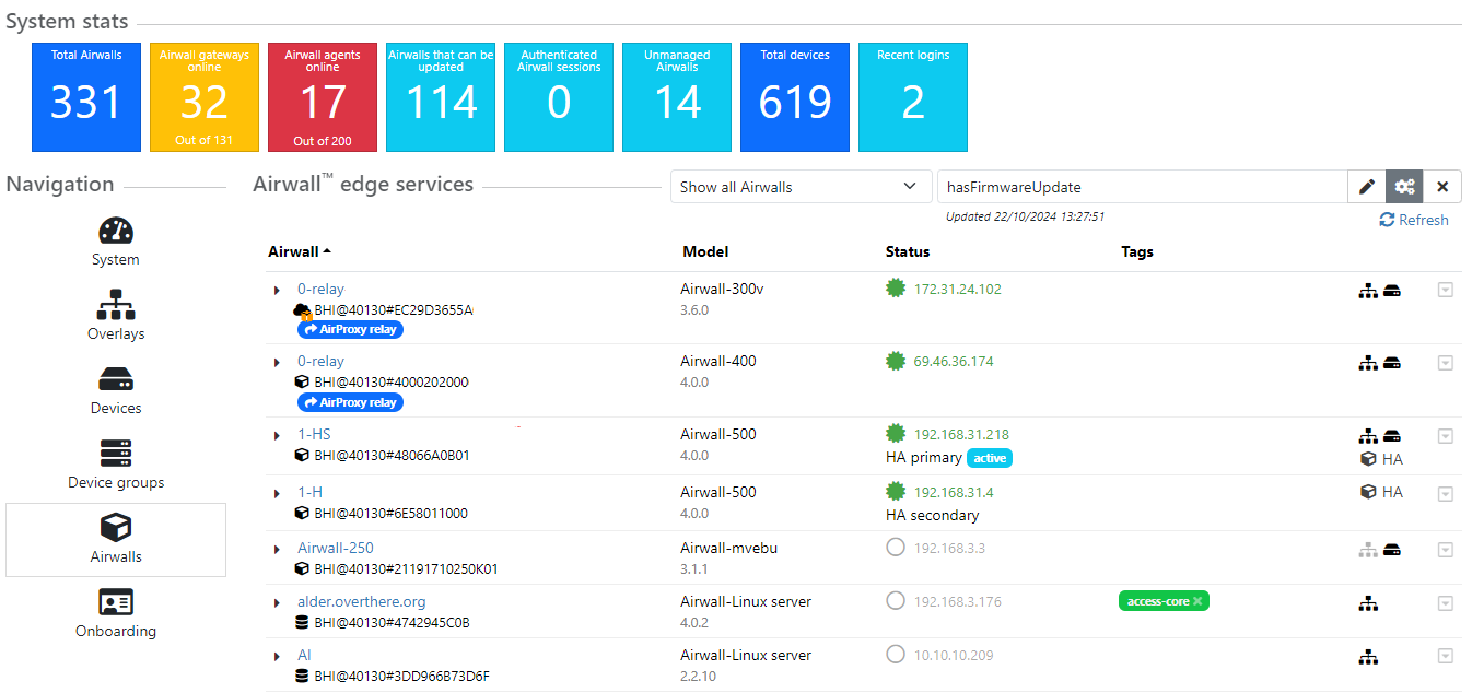 Dashboard showing "Airwalls that can be updated" tile and list of Airwall edge services below