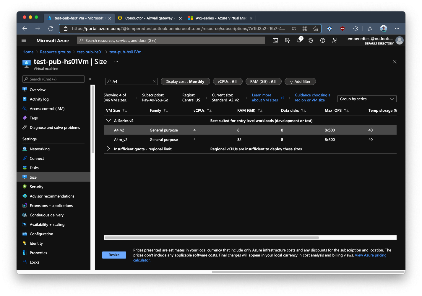 Azure interface showing going to Settings>Size and selecting a new machine type