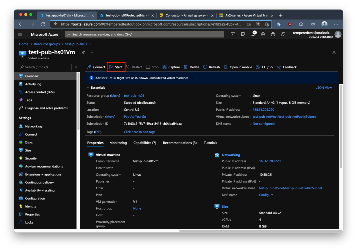 Azure interface showing Start button