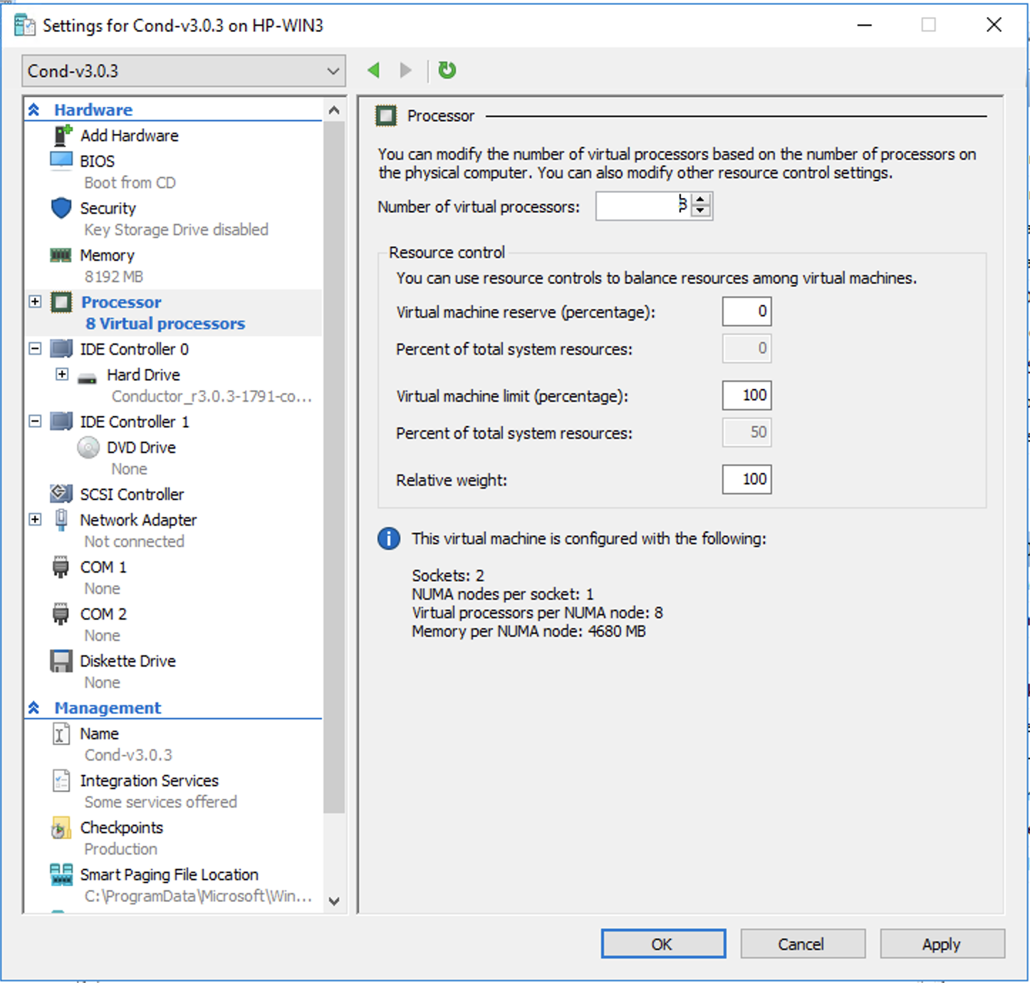 Settings for the Conductor VM: Processors