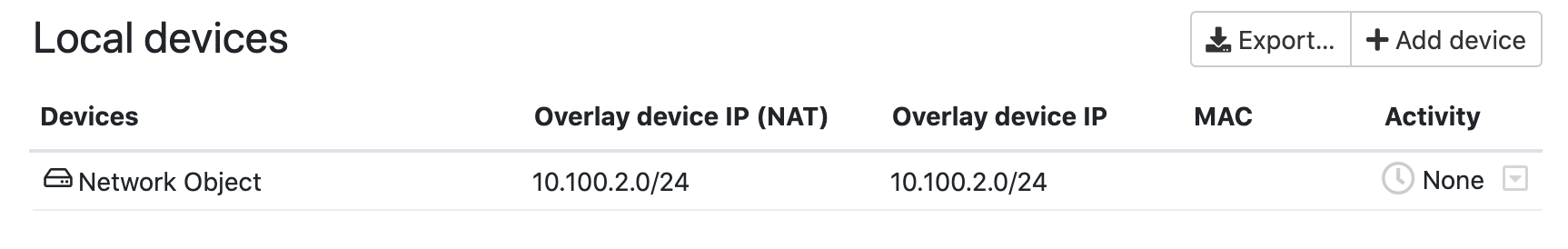 Showing Local devices tab of an Airwall with a network device