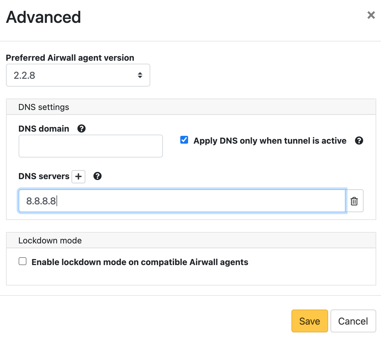 Settings>Global Airwall Agent settings dialog box showing DNS Server options