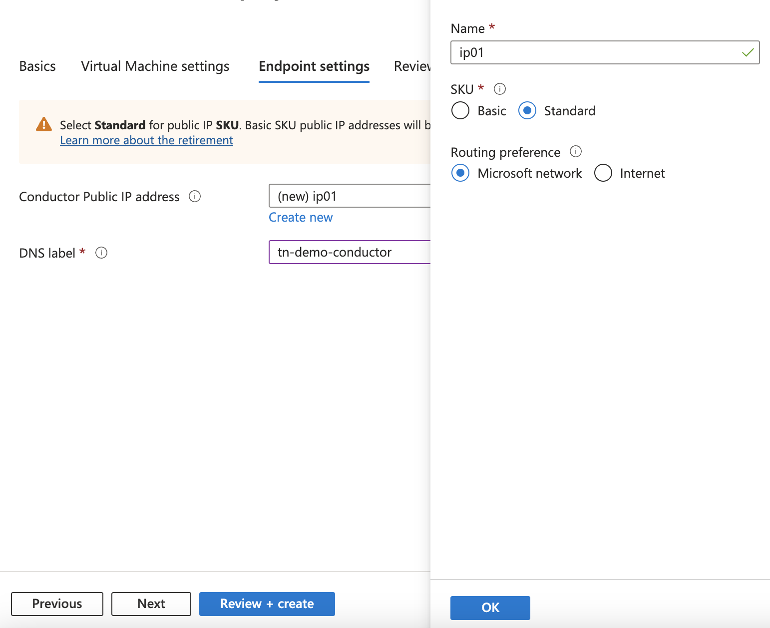 Azure endpoint settings page, and create a public IP dialog
